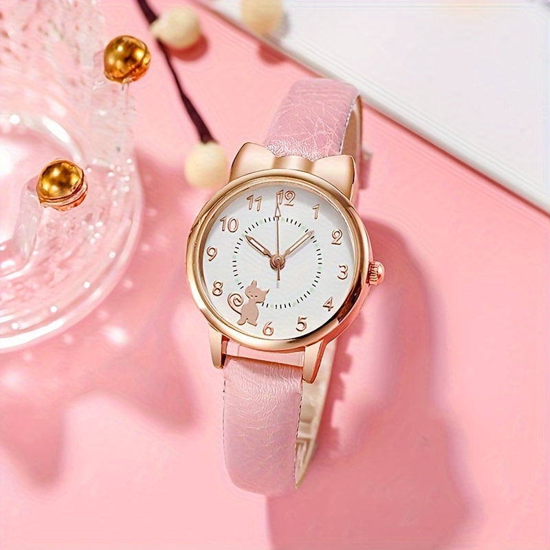Women and Students Cartoon Cat Quartz Watch with Luminous Dial and PU Leather Strap