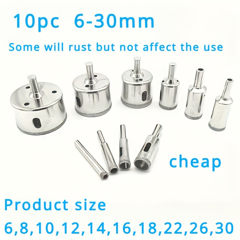 10-Piece Diamond-Coated Drill Bit Set for Tile Glass Marble 6-30mm