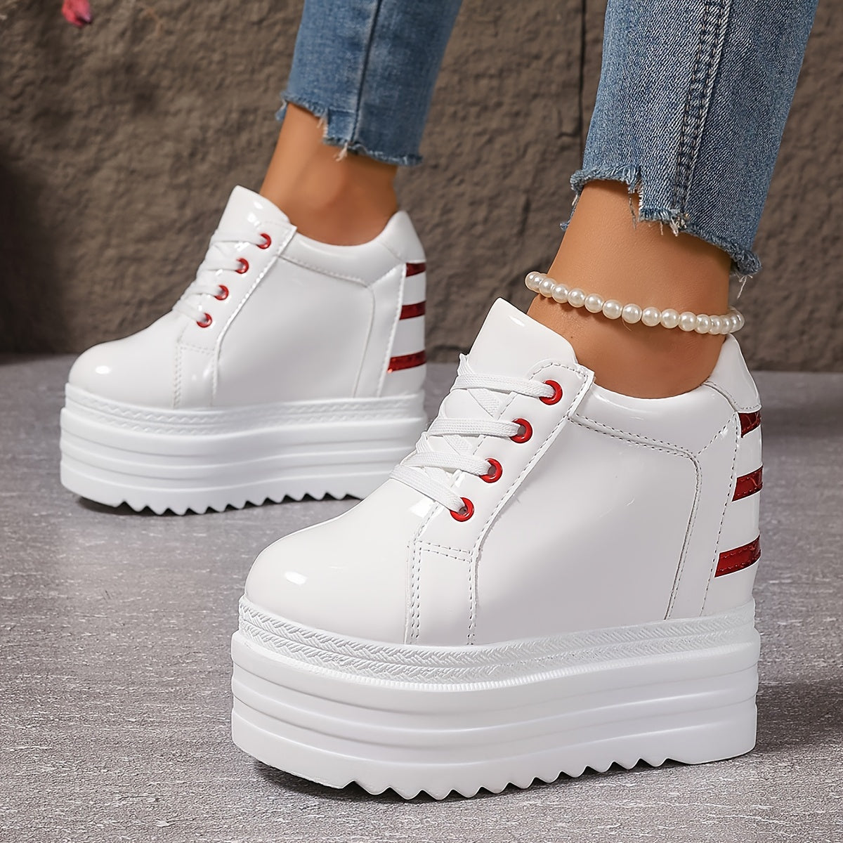 Women's White Platform Sneakers with Thick Sole and Lace-Up