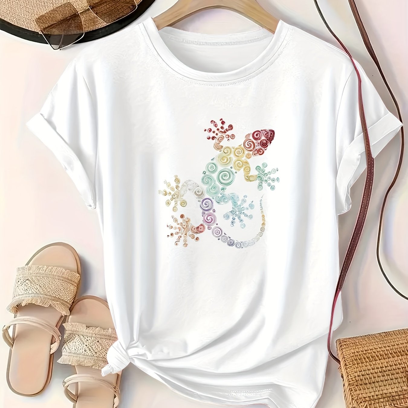 Plus Size Colorful Spiral Gecko Print T-Shirt Casual Breathable Summer Autumn