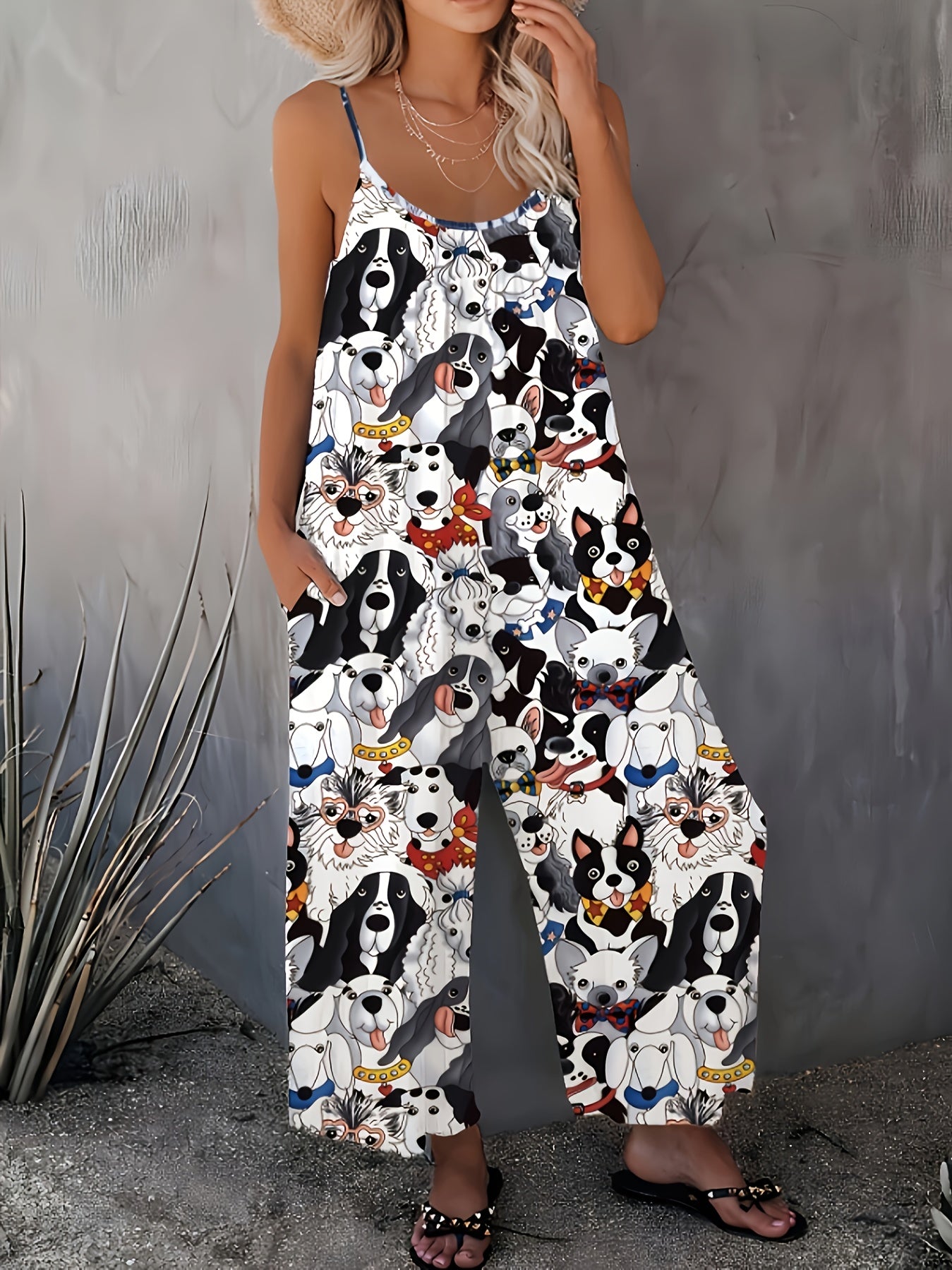 Plus Size Women's Dog Print Jumpsuit Sleeveless Romper with Pockets