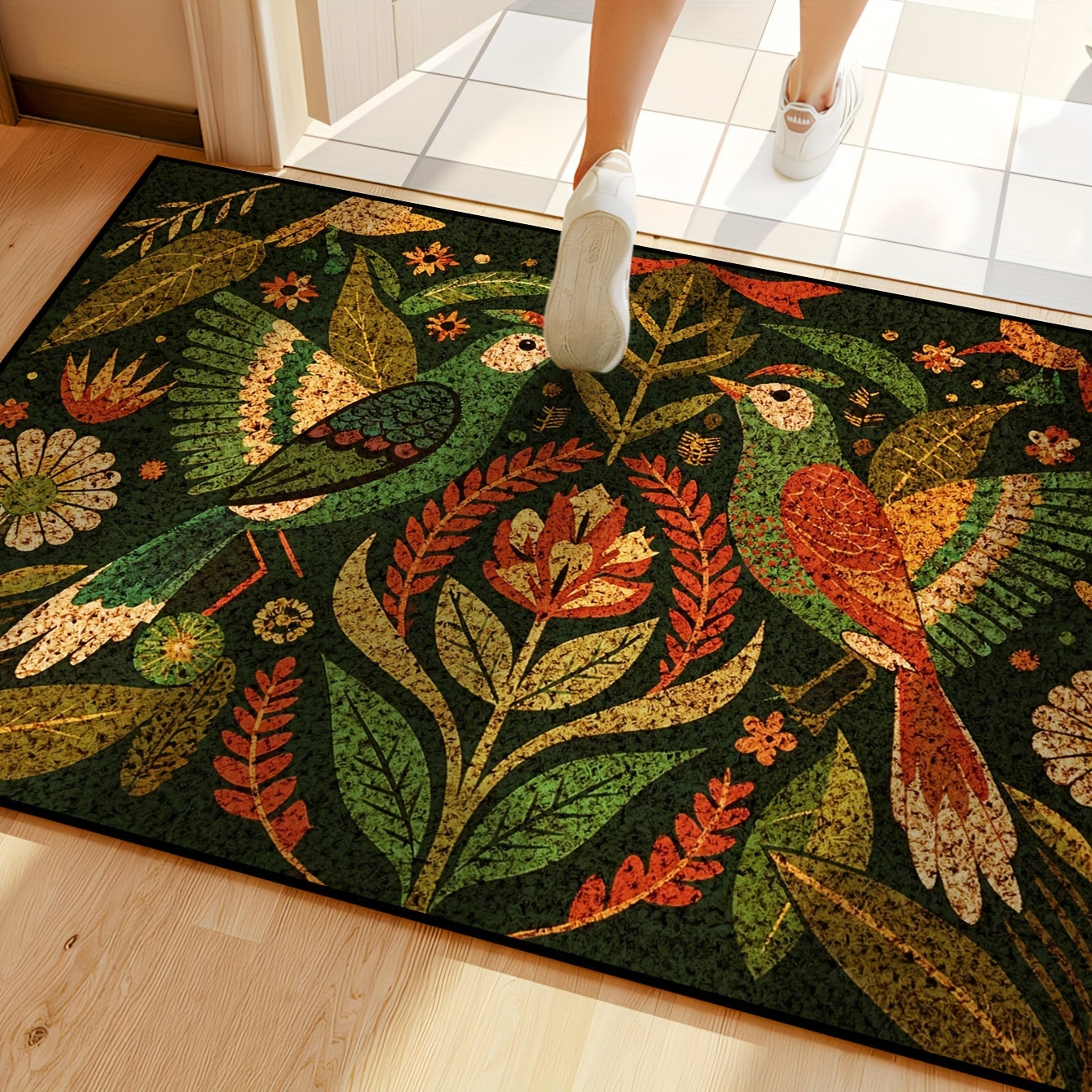 Green Bird Door Mat Non-Slip Washable Wear-Resistant Entryway Rug
