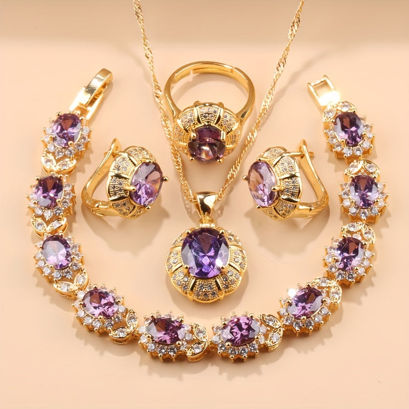 Women's Jewelry Set 5-Piece Cubic Zirconia Necklace Earrings Ring Bracelet for Weddings