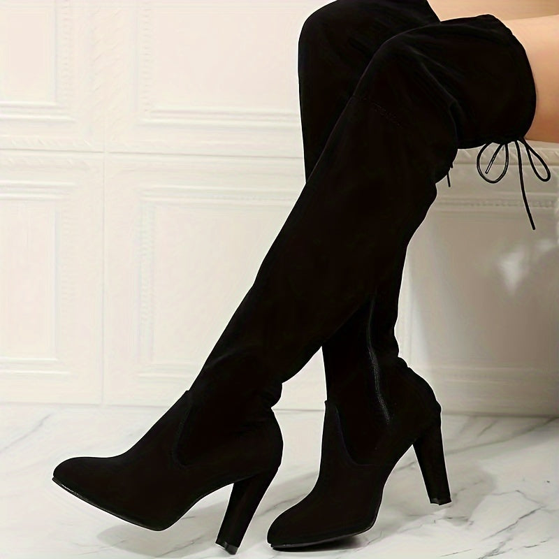 Women's Solid Color Block Heeled Boots with Side Zipper Over the Knee