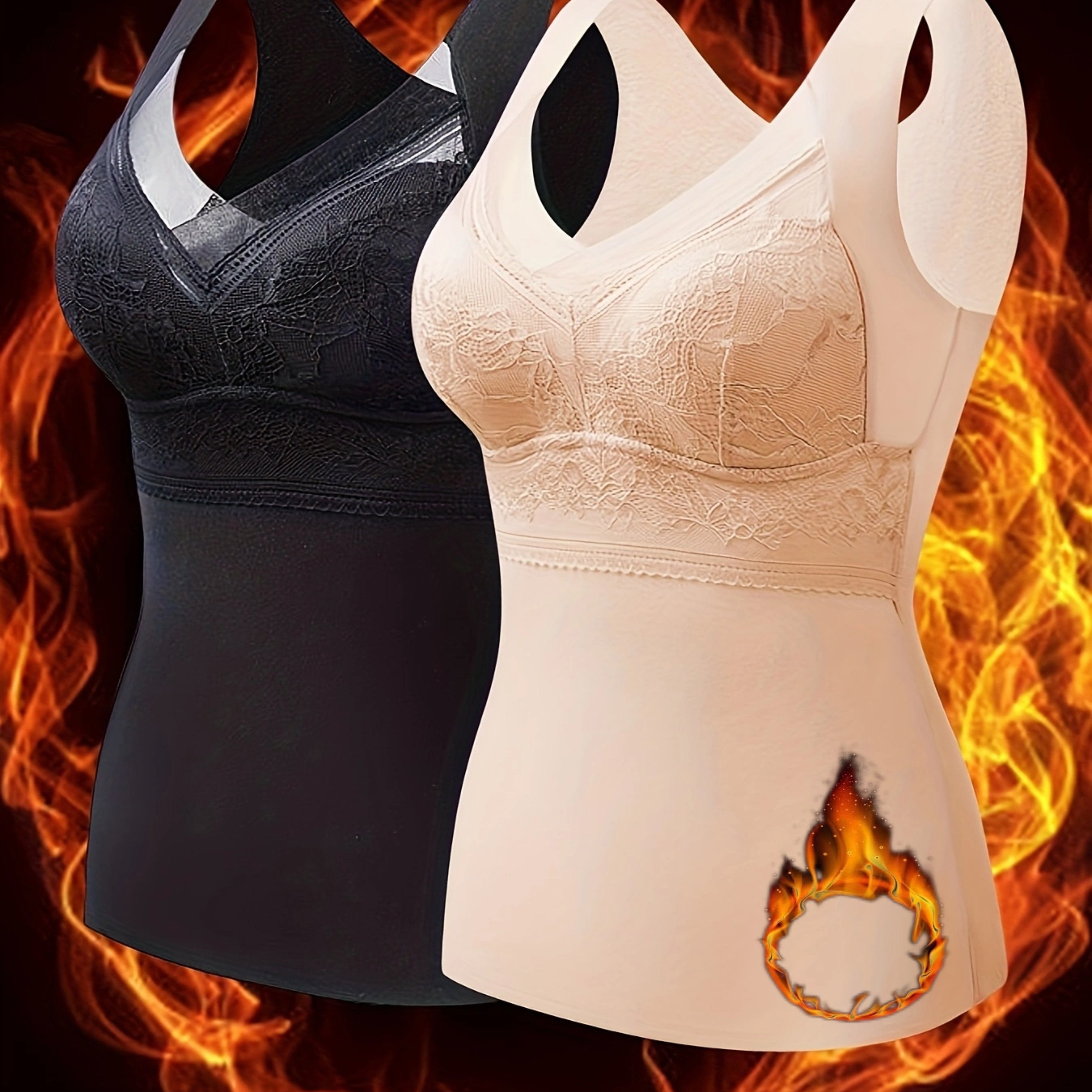 Women's Thermal Velvet Camisoles 2-Pack with Built-in Bra Lace V-Neck Fleece Lined Black Beige