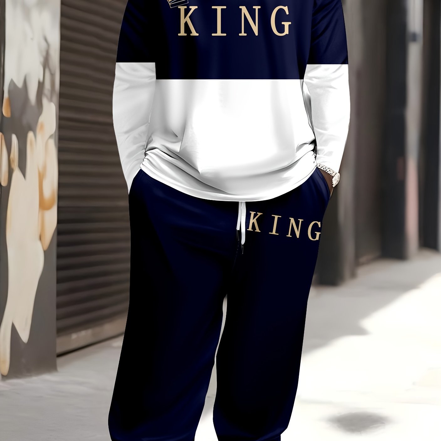 Men's Plus Size Cartoon King Print Sports Casual Sweatsuit Set Polyester Knit with Pockets