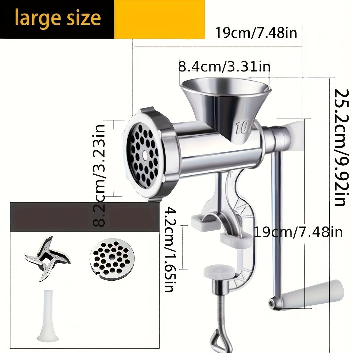 1 dona Katta quvvatli qo'lda go'sht maydalagich va kolbasa tayyorlagich - Rostdan po'lat, 10 RPM, Elektr energiyasi talab qilinmaydi, Tanlov uchun aksessuarlar, maydalangan go'sht va kolbasa uchun ideal, Uy sharoitida foydalanish uchun