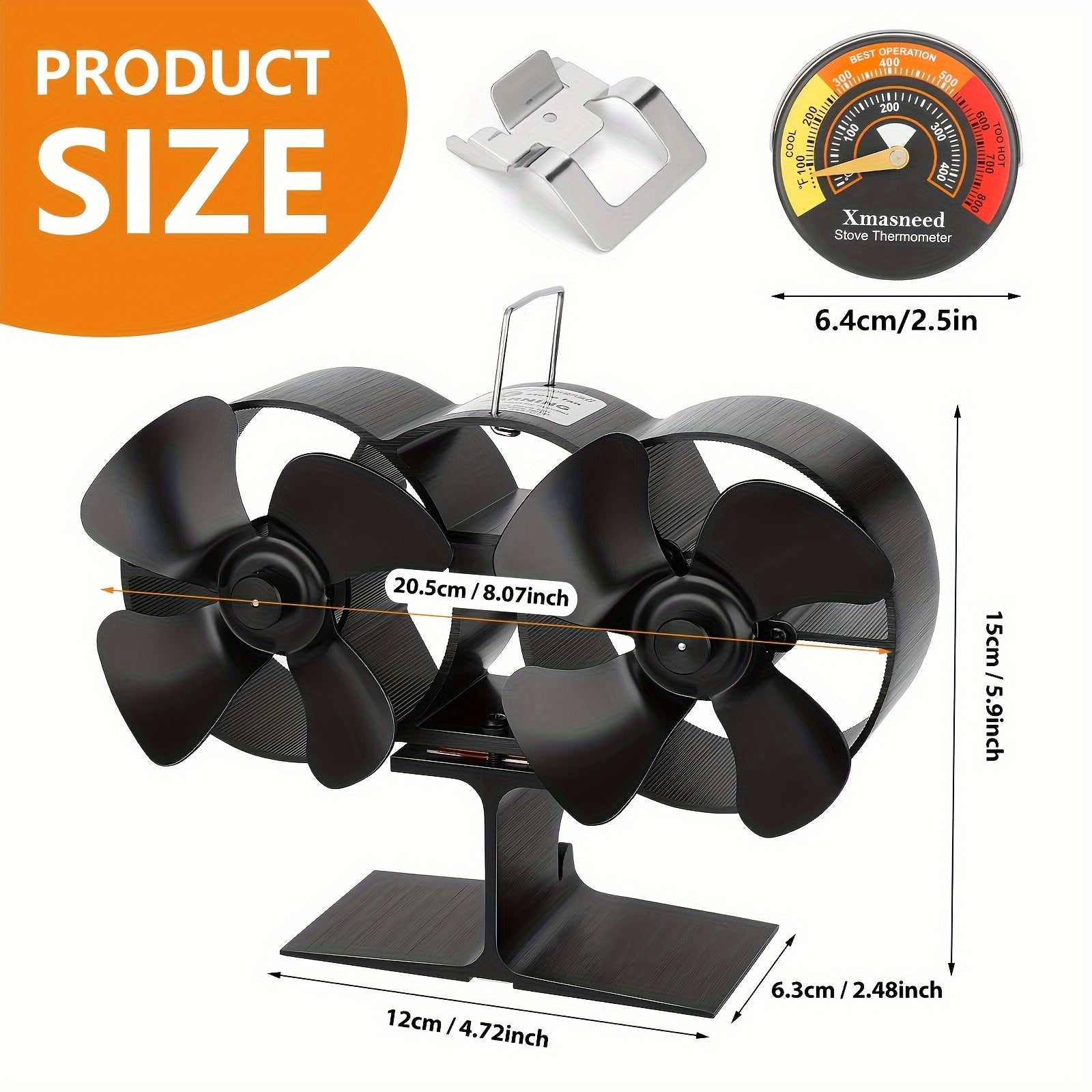 Wood Stove Fan Dual Motor 8 Blade Magnetic Thermometer Eco-Friendly Heating