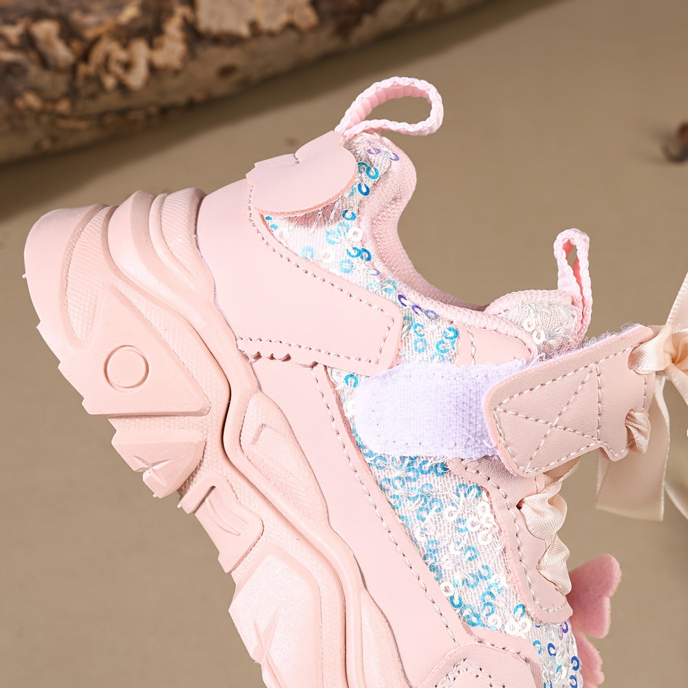 Girls' Casual Sneakers with Rhinestones and Butterfly Bow Lightweight Soft for Spring and Fall