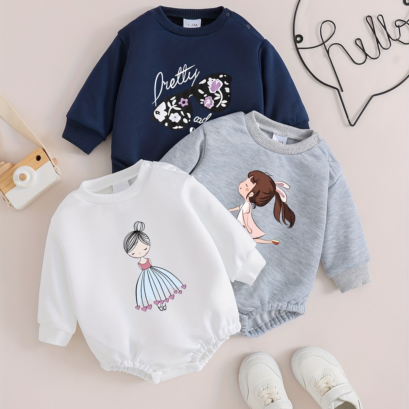 Комплект для девочки-новорожденной 3 предмета с цветочным бантом и принтом принцессы, весна-осень, повседневный, с длинным рукавом