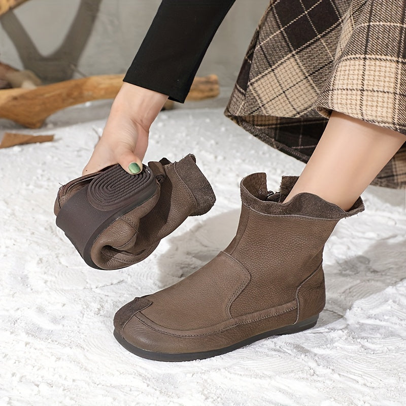 Women's Genuine Leather Mid-Calf Ankle Boots with Low Heel and Zipper