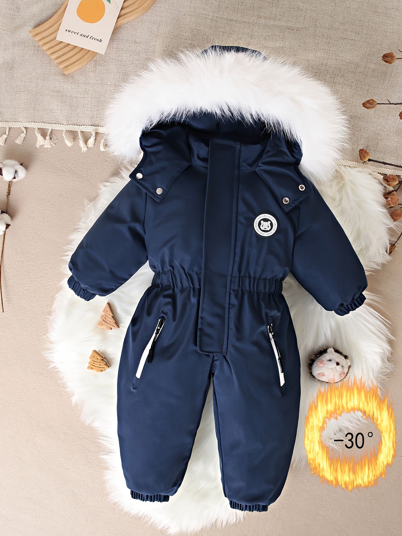 Baby Winter Snowsuit for Ages 1-5 with Faux Fur Hood and Zipper Closure
