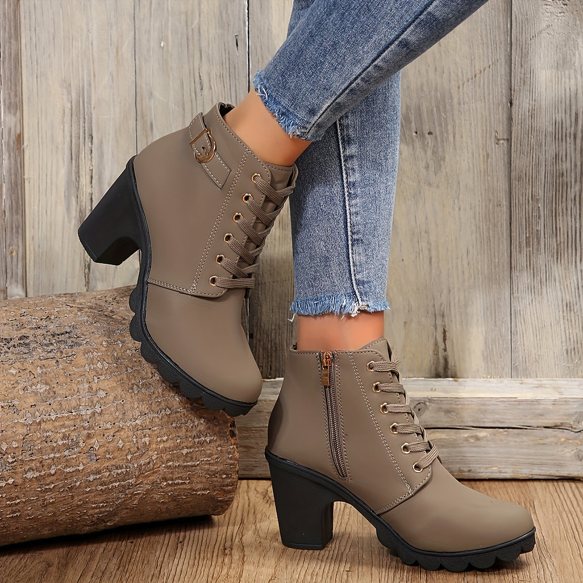 Women's Chunky Heeled Ankle Boots Solid Color Lace Up Side Zipper Retro Short Boots