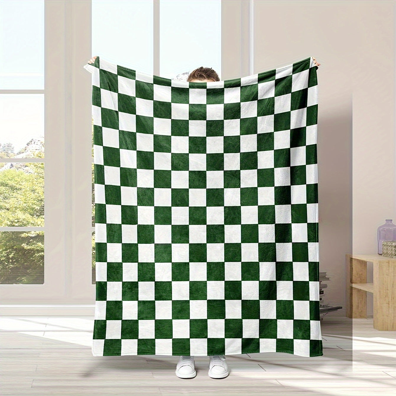 Green and White Buffalo Check Fleece Throw Blanket Reversible Cozy Warm for Sofa Bed Camping