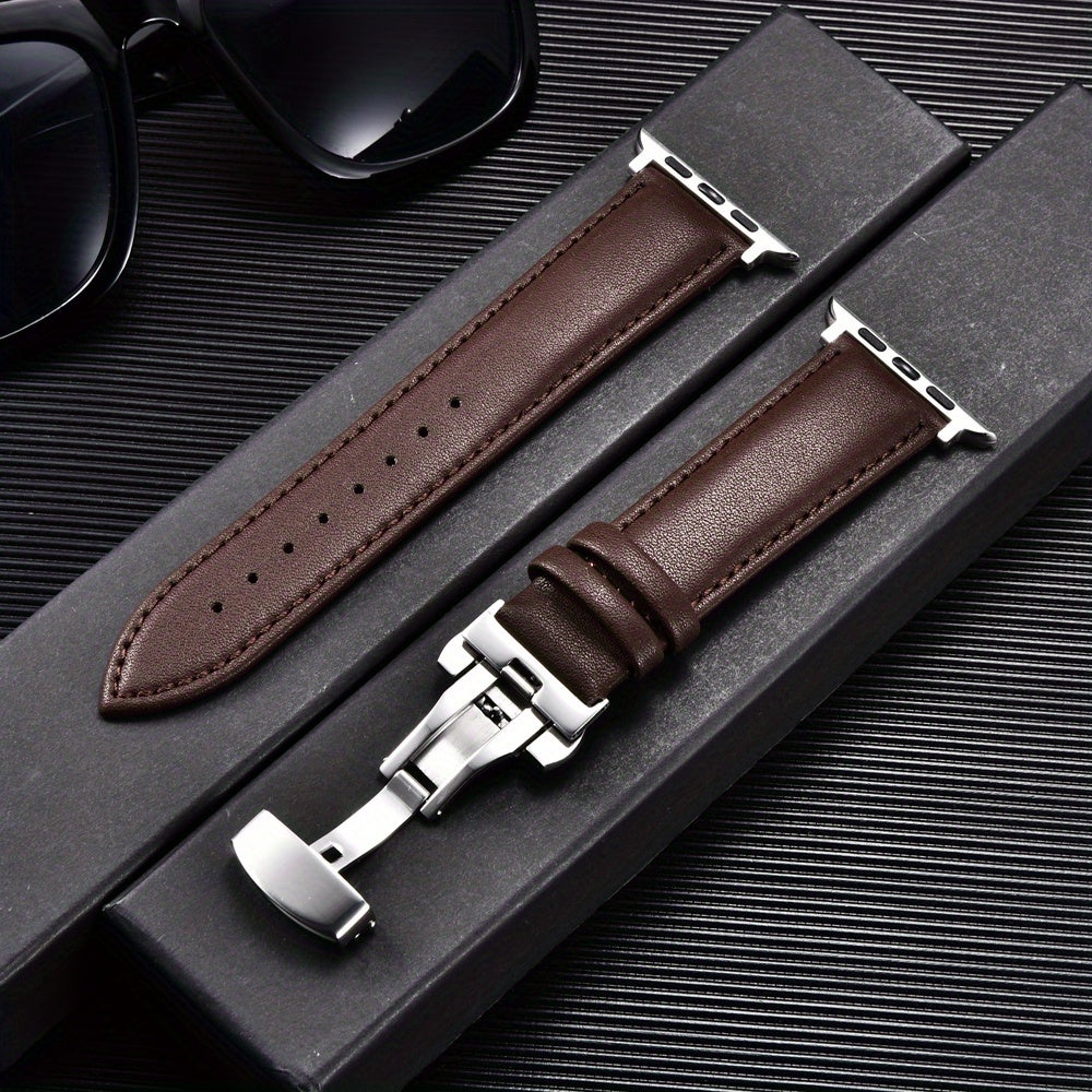PU Leather Watch Band with Butterfly Clasp Compatible with All Apple Watch Models 38/40/41mm 42/44/45/49mm