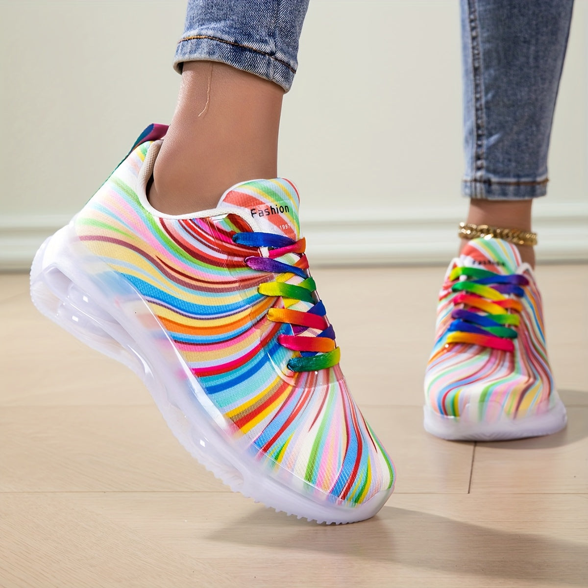 Women's Mesh Lace Sneakers with Rainbow Stripes Casual Flat Shoes for Summer