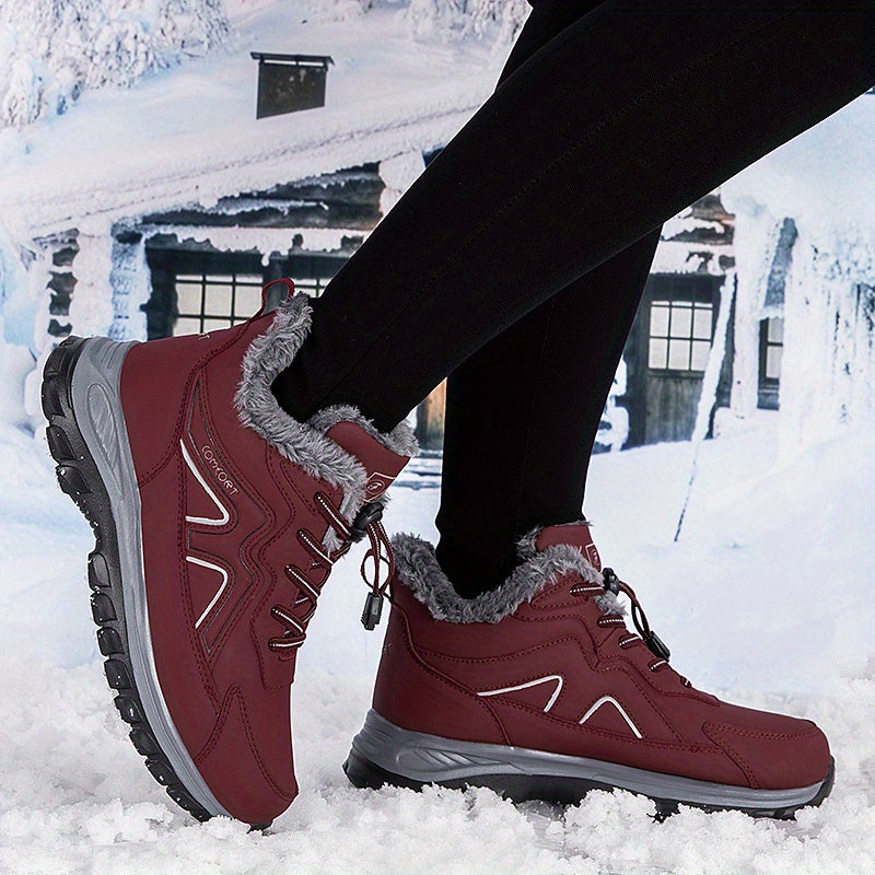 Women's Winter Slip-On Hiking Boots Maroon Fleece-Lined PU