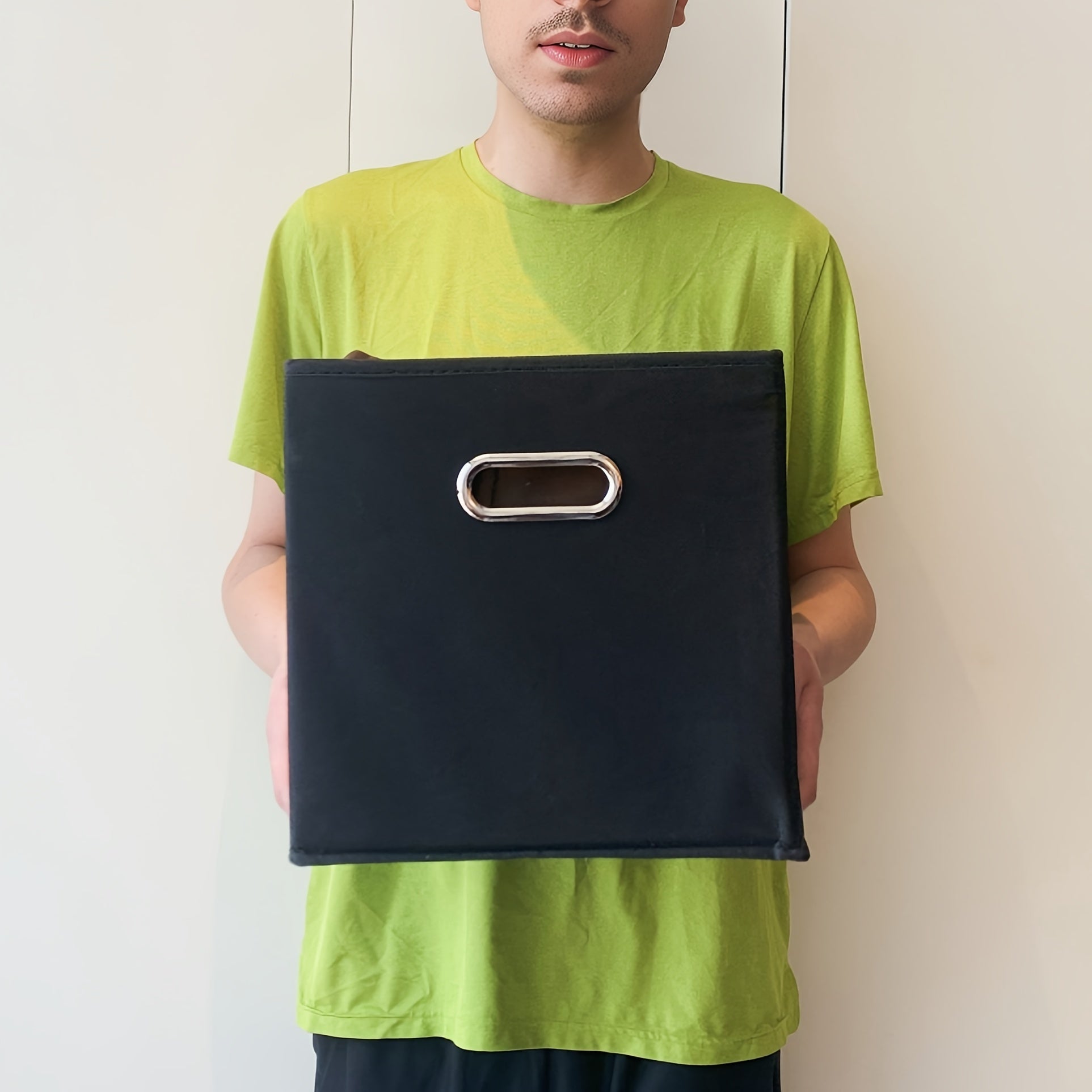 Juego de 6 cestas de tela plegables con asas en diseño de cubo en negro, azul y crema