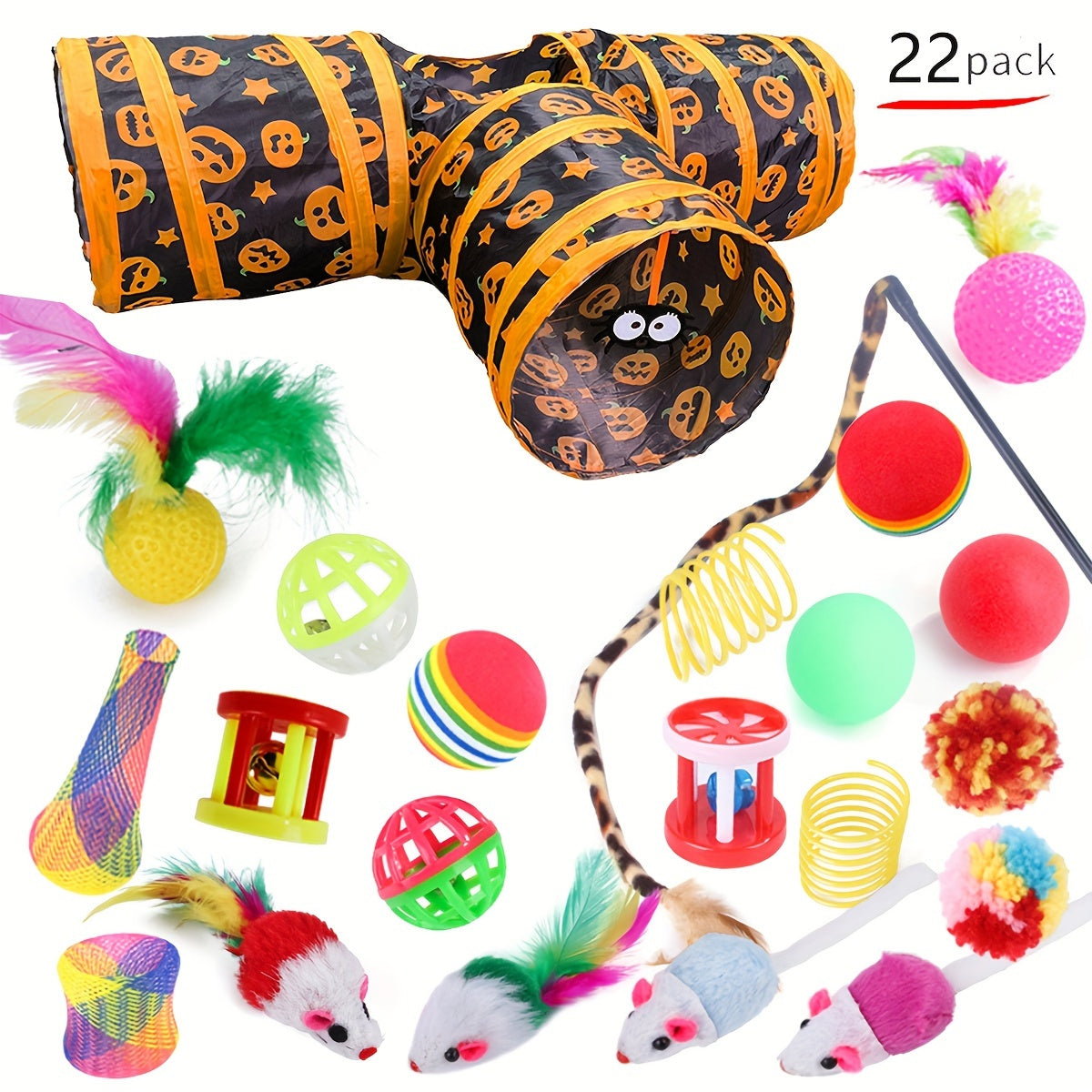22-Piece Cat Toy Set with Tunnel Crinkle Balls Feathers Playballs for Indoor Cats