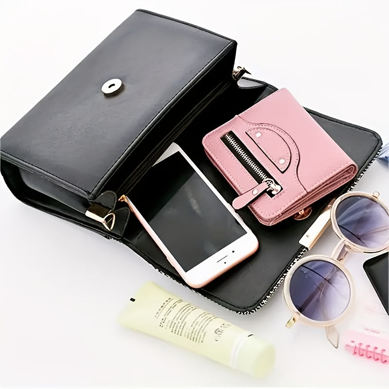 Ayollar uchun zamonaviy tekis to'rtburchakli sumka, kesish sumkasi va yuqori tutqichli hamyon.