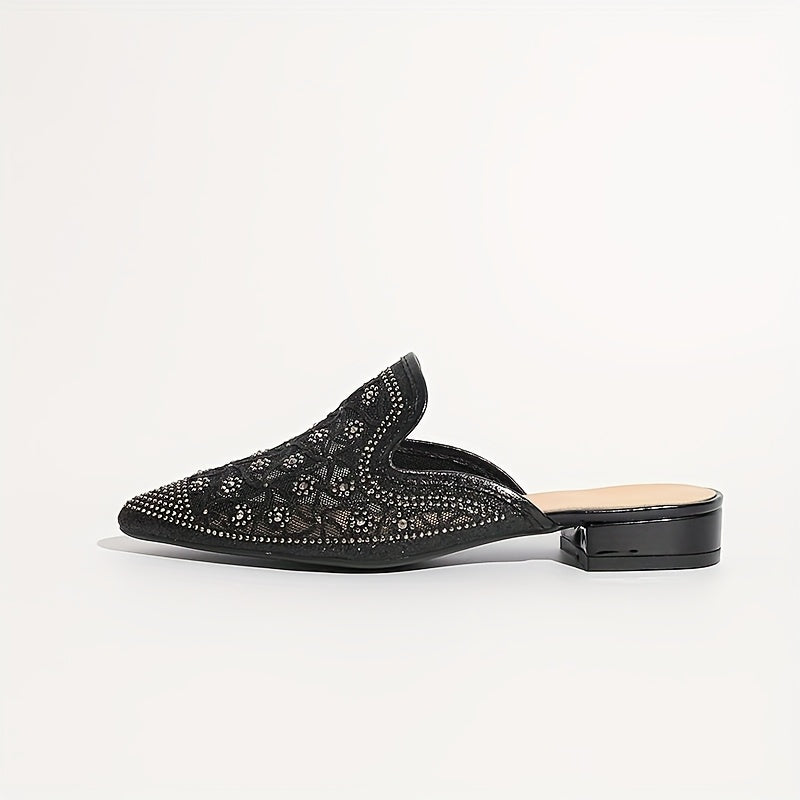 Women's Metallic Rhinestone Pointed Toe Chunky Heel Mules Shoes