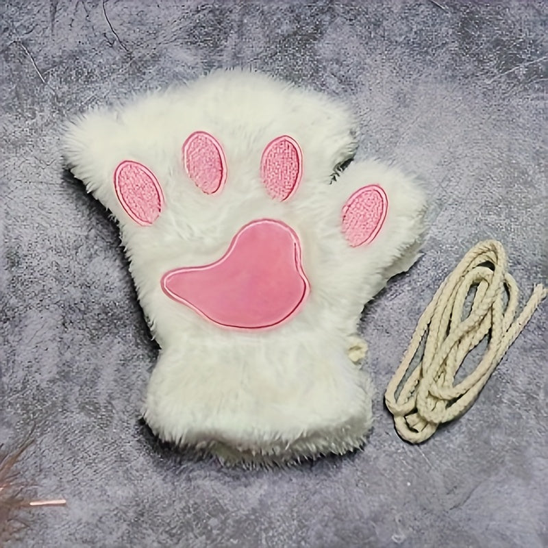 Women's Cozy Cat Claw Plush Half-Finger Gloves Warm Autumn Winter Fashion
