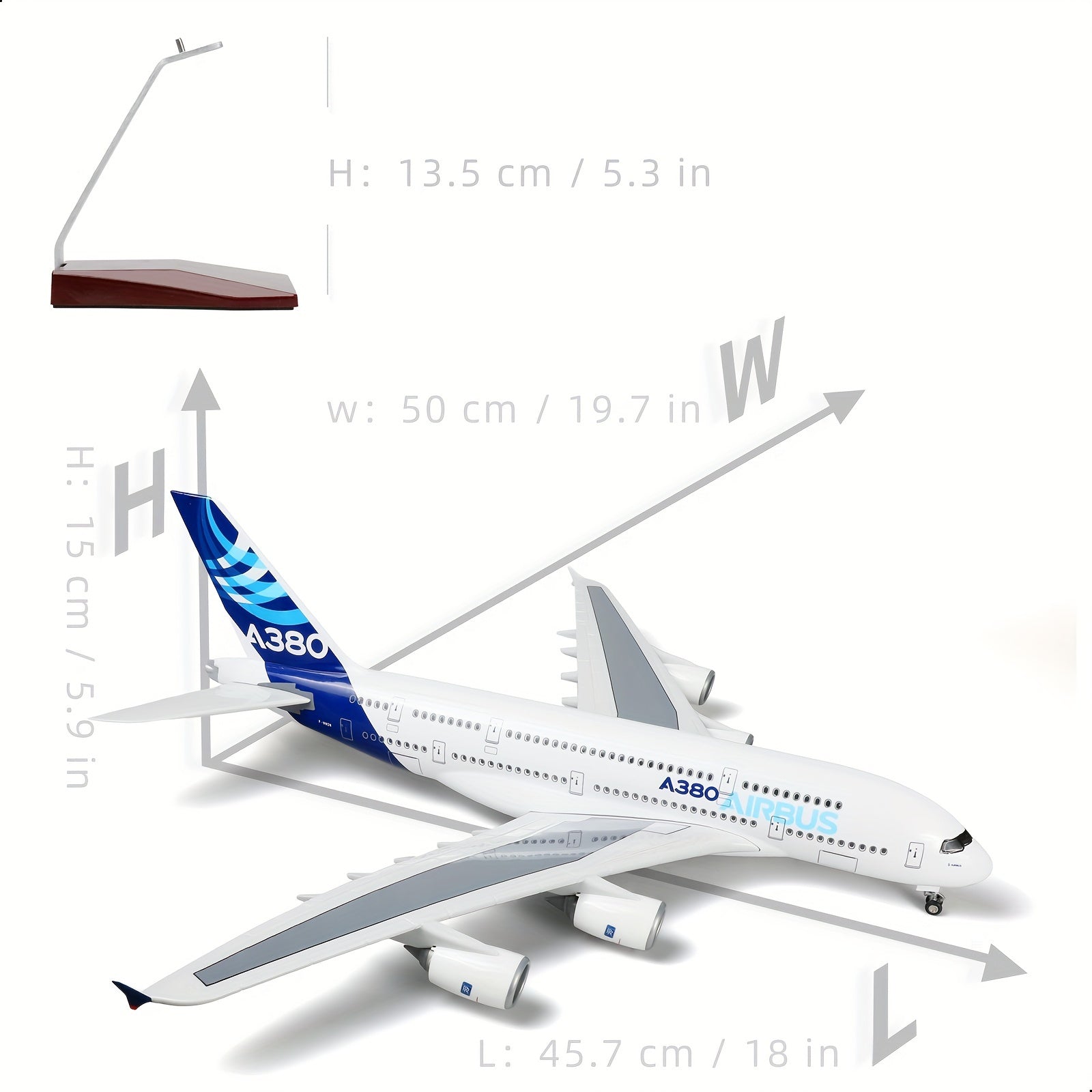 1/160 o'lchamdagi Airbus A380 diecast model to'plami, 18 dyuym, kollektorlar uchun turadigan stand bilan