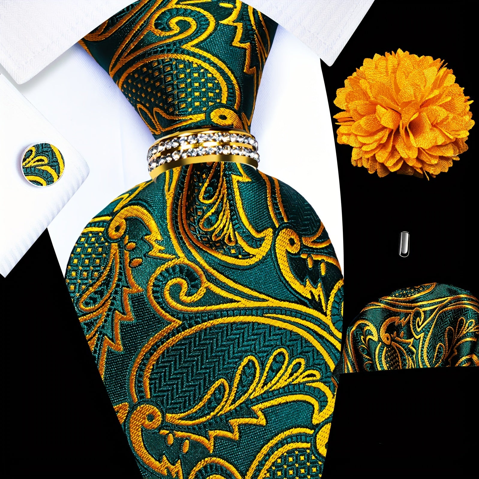 Men's Formal Tie Set with Pocket Square Cufflinks Tie Clip Lapel Pin and Ring for Weddings and Occasions