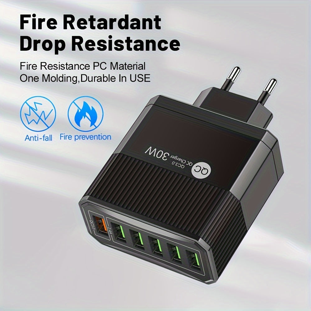 6-port USB devor zaryadkasi 30W tez zaryadlash QC 3.0 EU rozetkasi uchun mobil qurilmalar