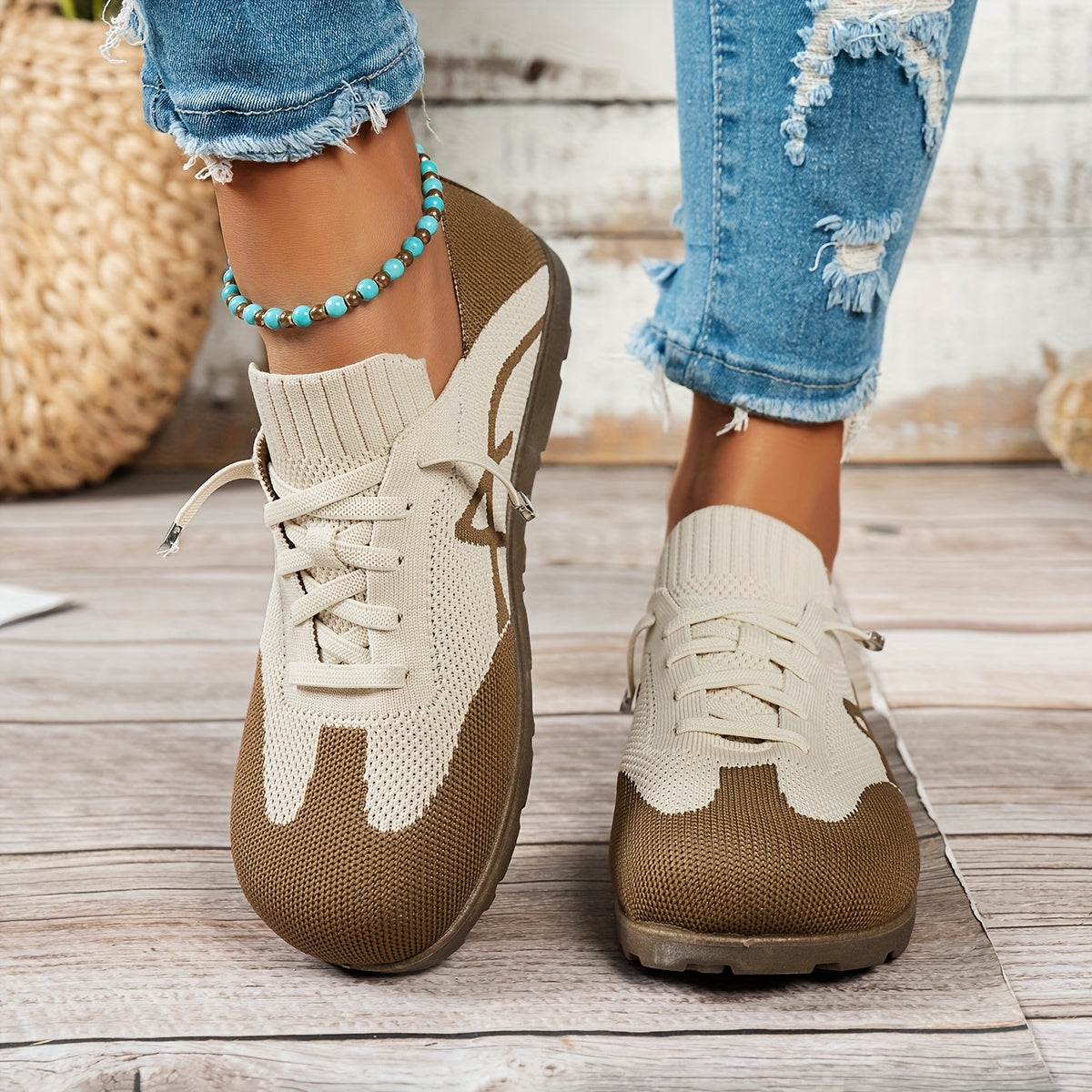 Women's Casual Slip-On Flats Knit Fabric with PVC Outsole Black Beige