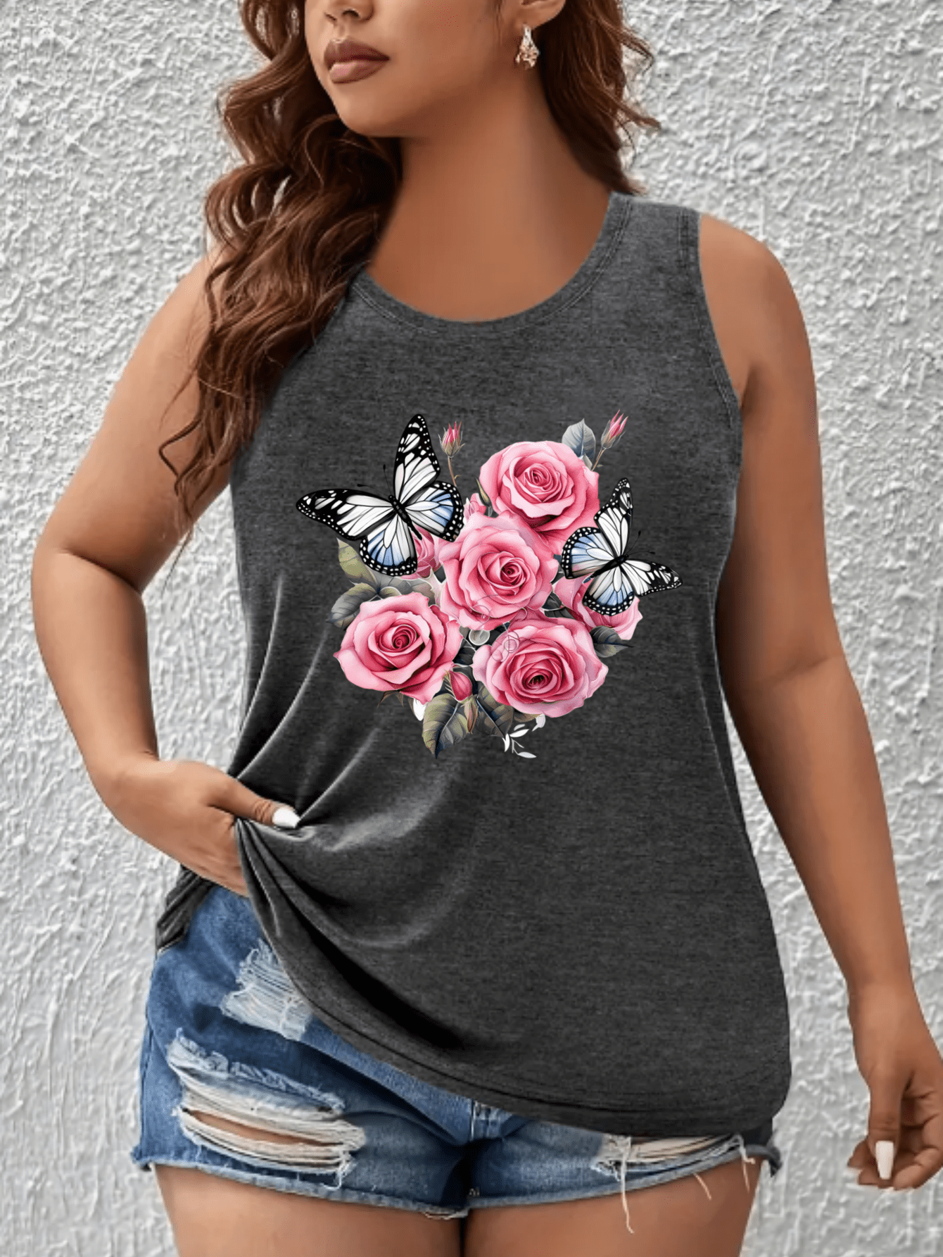 Plus Size Women's Floral Butterfly Print Tank Top Sleeveless Summer Casual