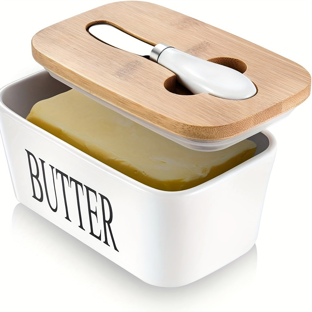 Ceramic Butter Dish Set with Bamboo Lid and Knife, Airtight Countertop Storage