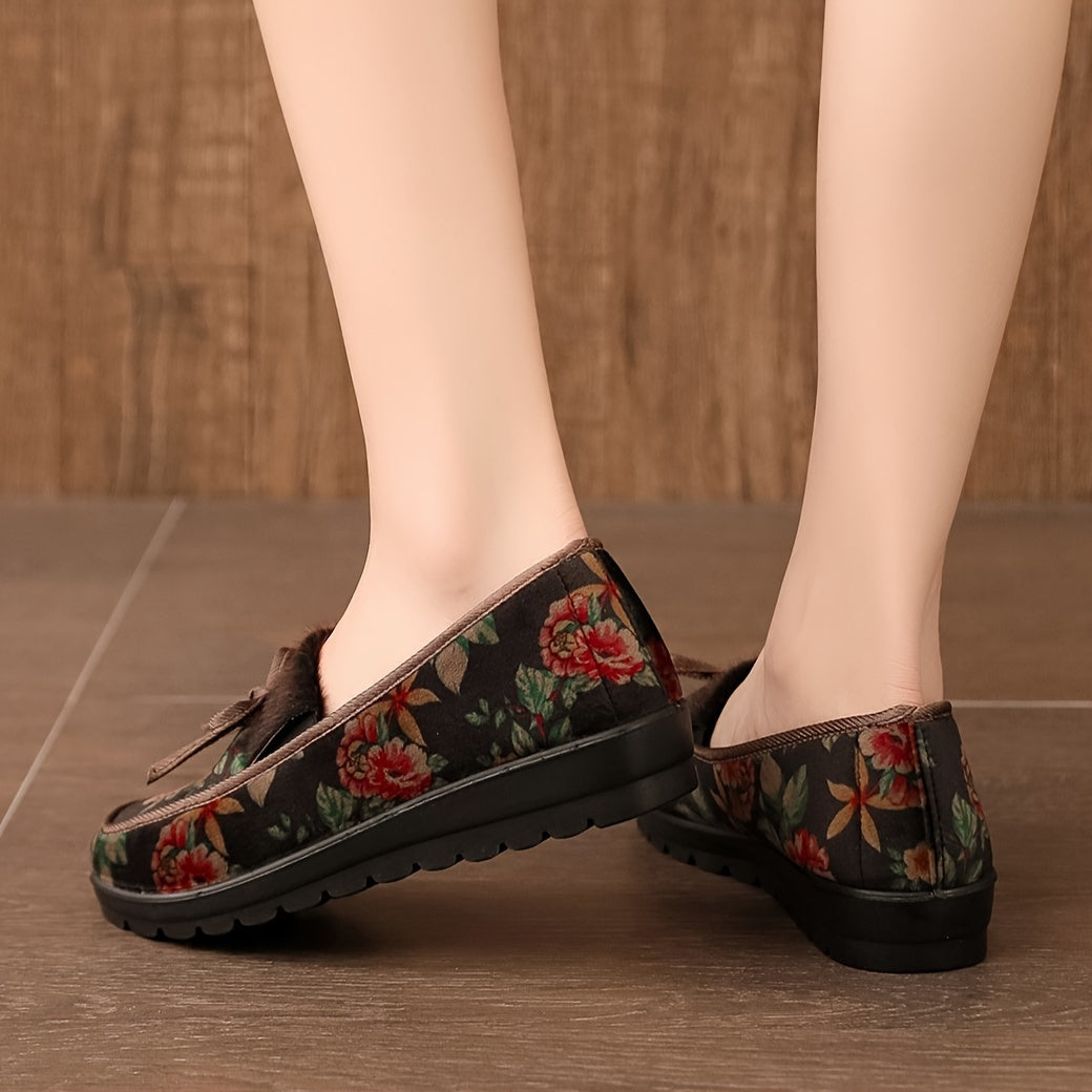 Ayollar uchun gul bosimli qishda kiyiladigan shippaklar, korduroy loafers, yumshoq tag va qulay ichki qavati bilan