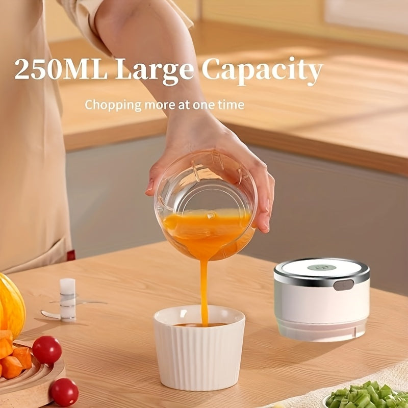 USB bilan qayta to'ldiriladigan elektr sarimsoq maydalagich, 250mL sig'imli, 6 ta almashtiriladigan pichoq, shaffof korpus va USB quvvatlash kabeli bilan.