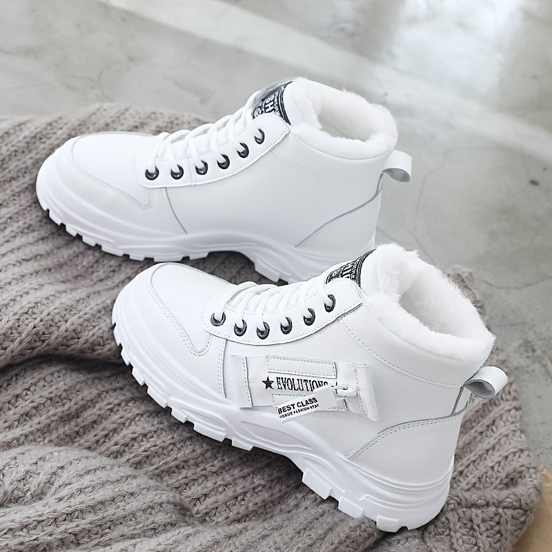 Botas altas de invierno para mujer con forro de piel sintética, impermeables y con cordones blancas