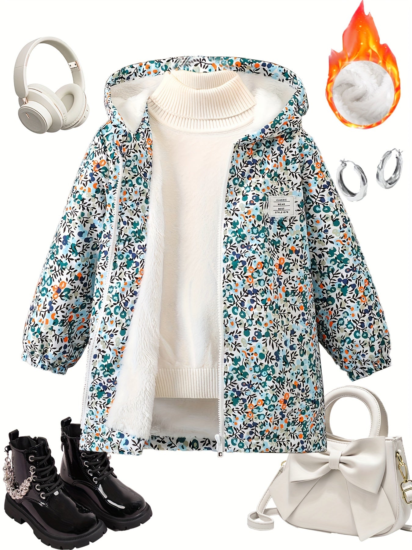 Kids' Casual Hooded Parka with Fleece Lining and Random Print for Fall Winter