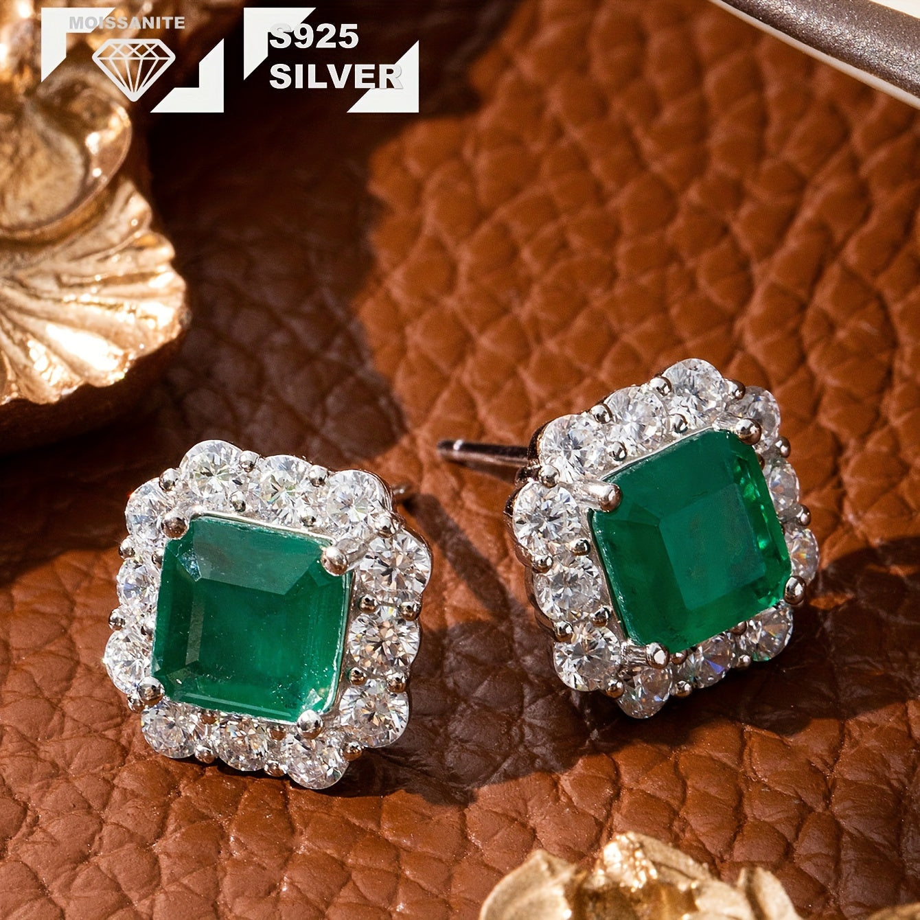 Vintage Silver Earrings with Moissanite and Emerald-Style Synthetic Gemstones