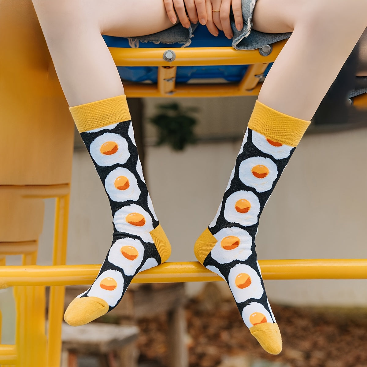 Women's Short Socks 5 Pairs Knit Fabric Fried Egg Burger Pattern Casual
