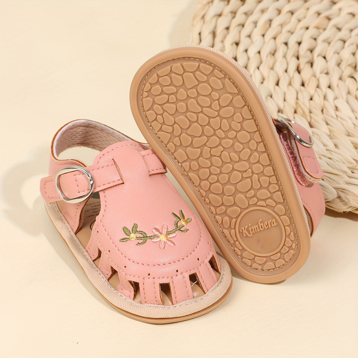 Kichkina qizlar uchun sandal open toe, gul naqshli tikilgan, yumshoq taglik, vint va halqali, kundalik yozgi kiyim uchun