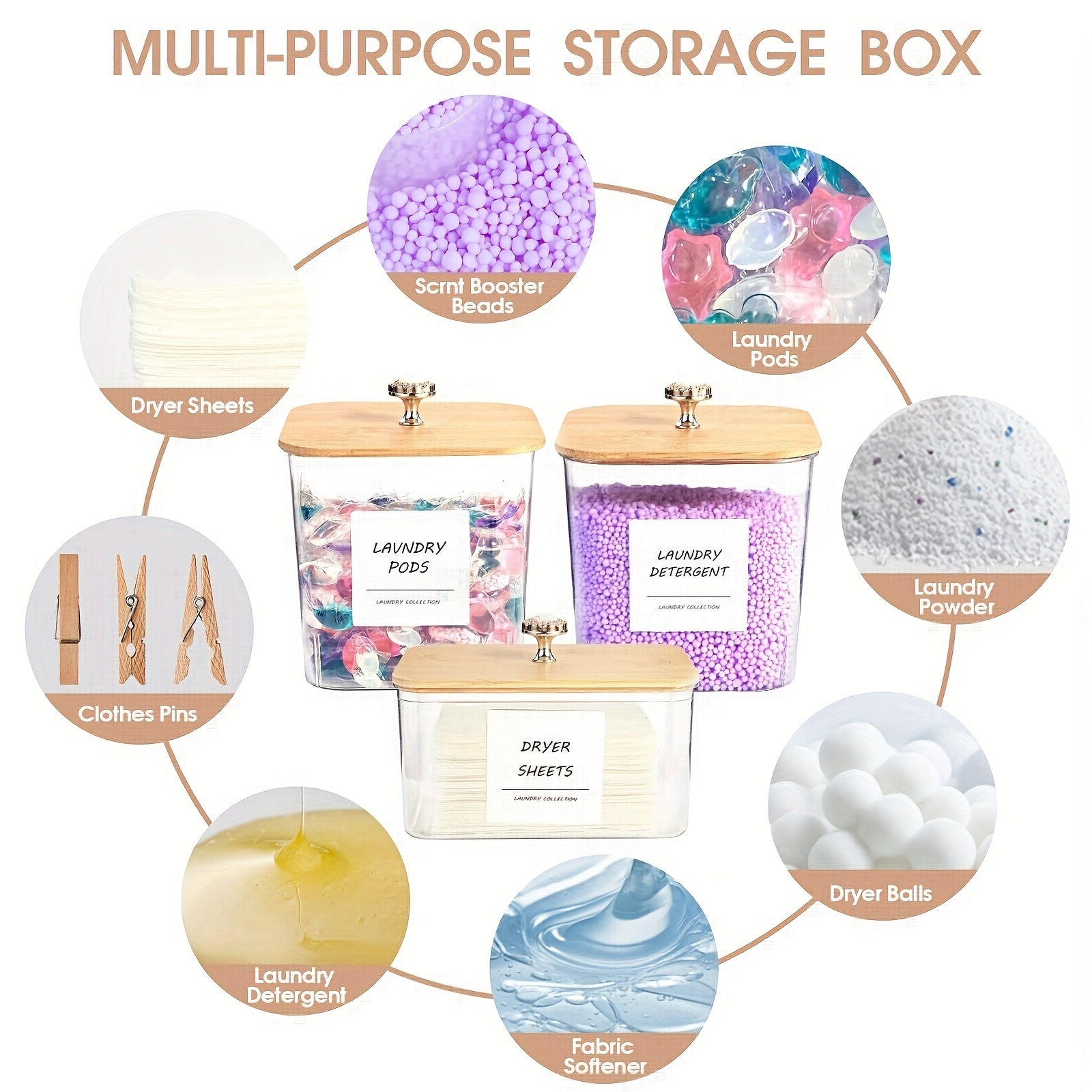 Set of 3 Clear Plastic Laundry Storage Containers with Lids, Scoops, Labels