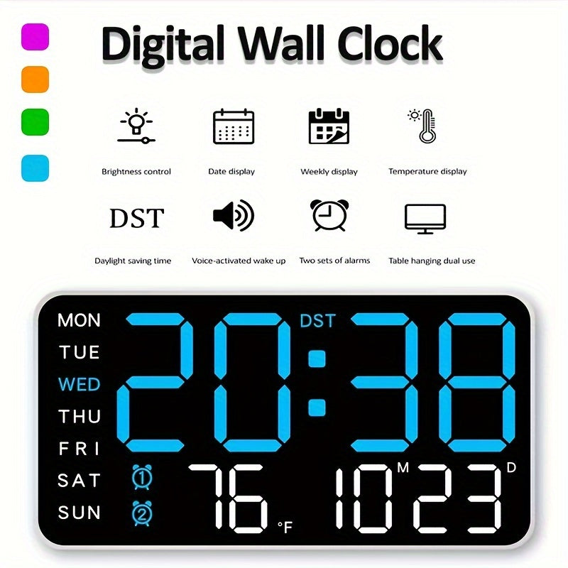 Digital Wall Clock with Temperature Date Time Alarms and Snooze Battery Powered