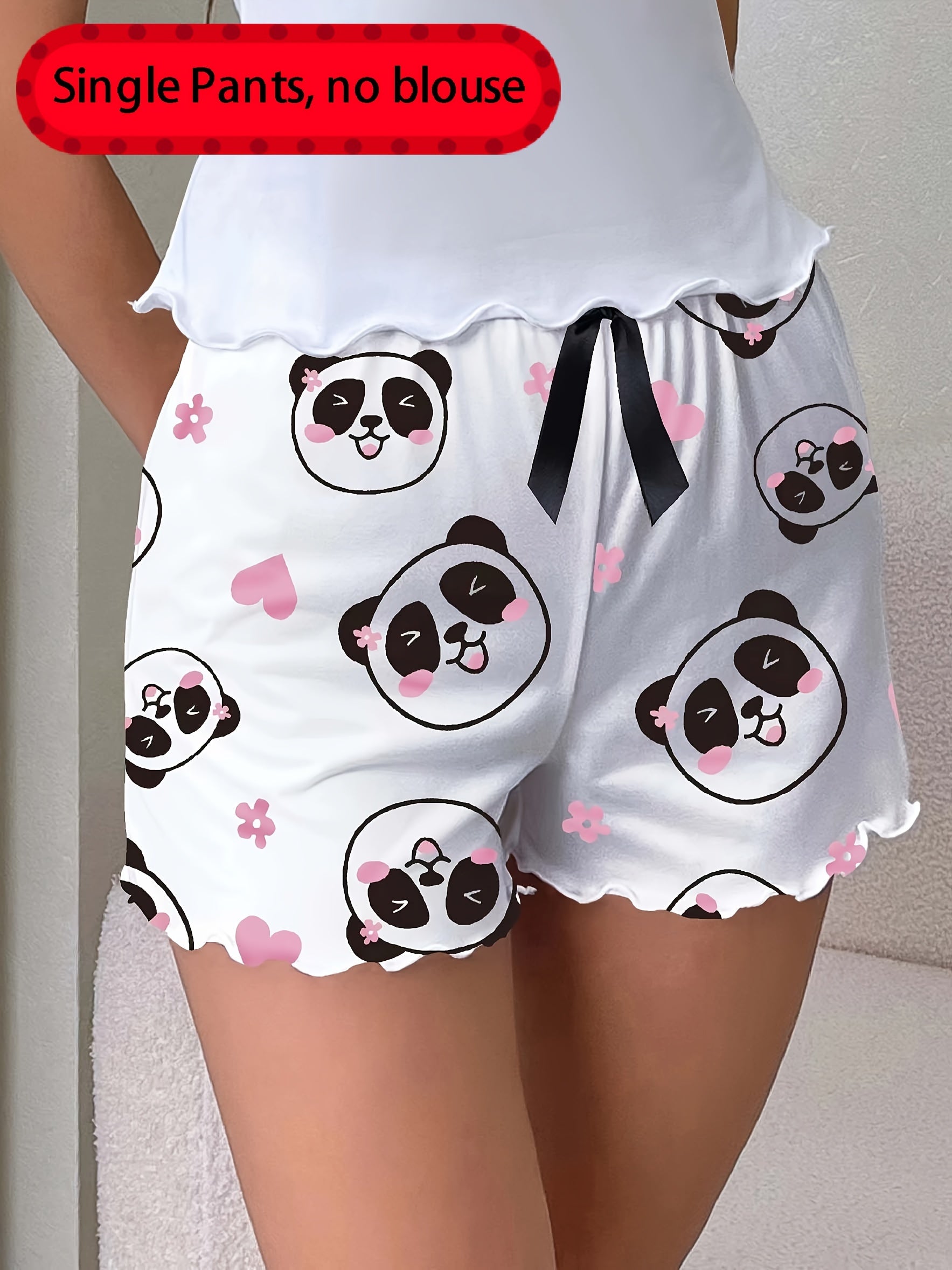 Women's Sleep Shorts with Panda Print Frill Trim Elastic Waist Casual Loungewear