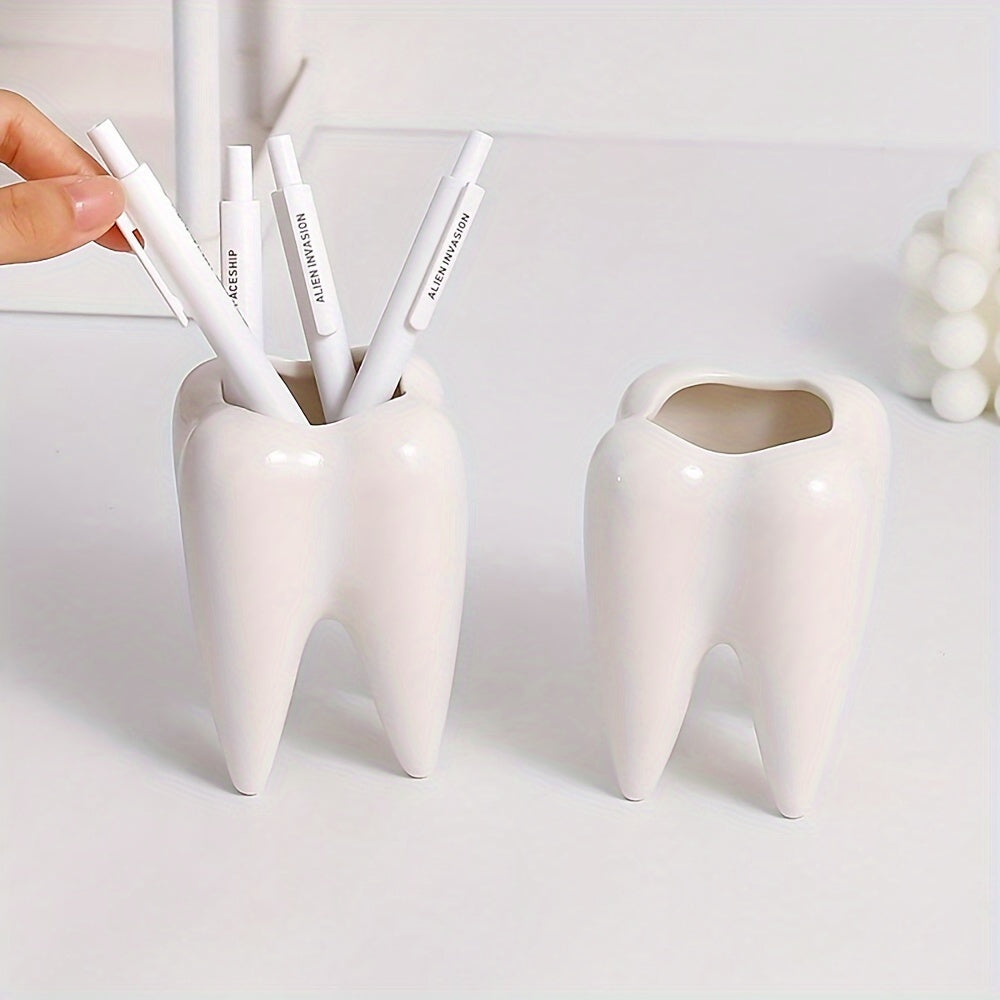 Ceramic Tooth-Shaped Pen Holder and Succulent Pot Rotates 360° Desk Organizer for Home Office