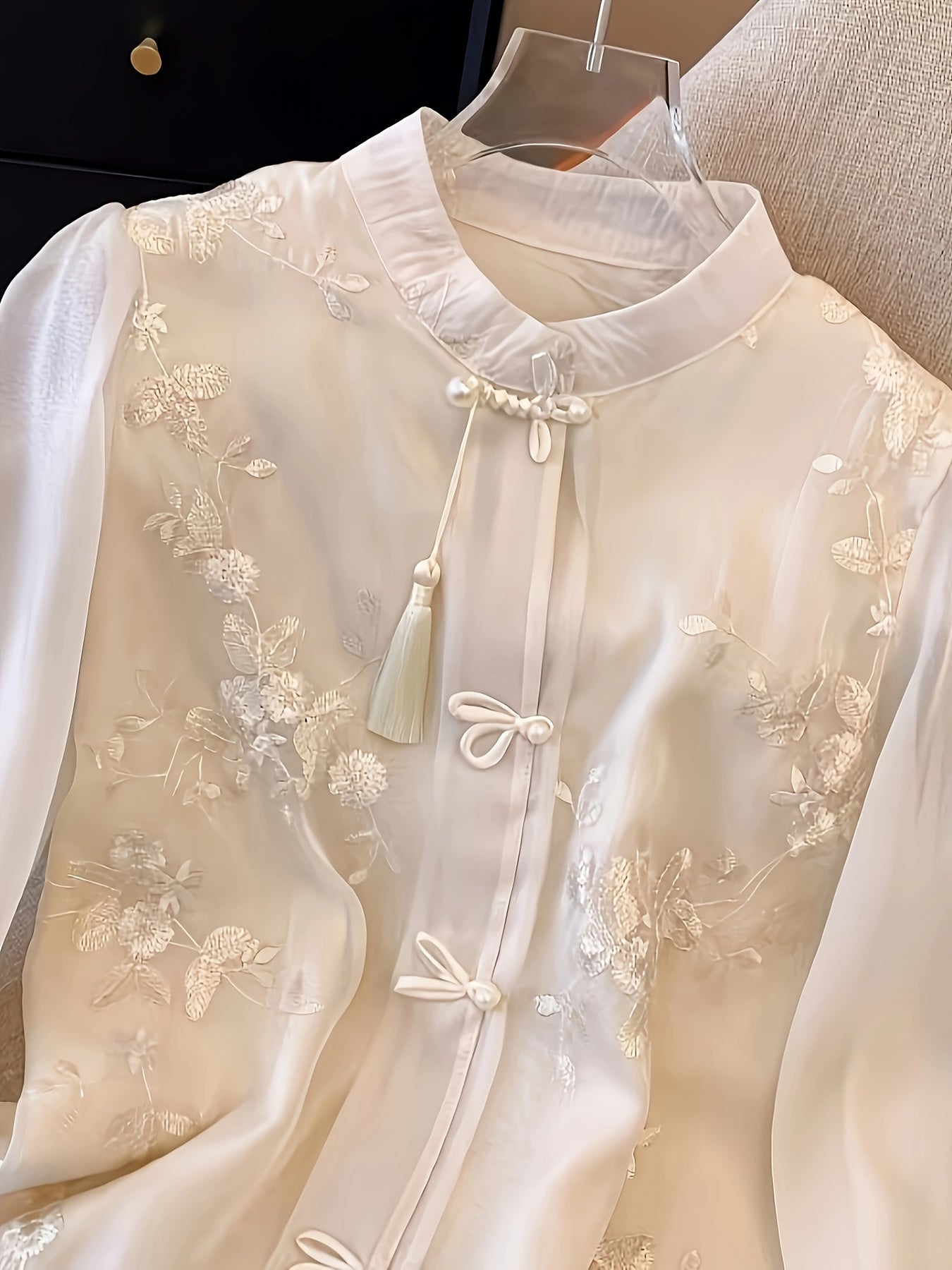 Women's Embroidered Long Sleeve Blouse with Stand Collar Polyester Woven Spring Summer Fashion