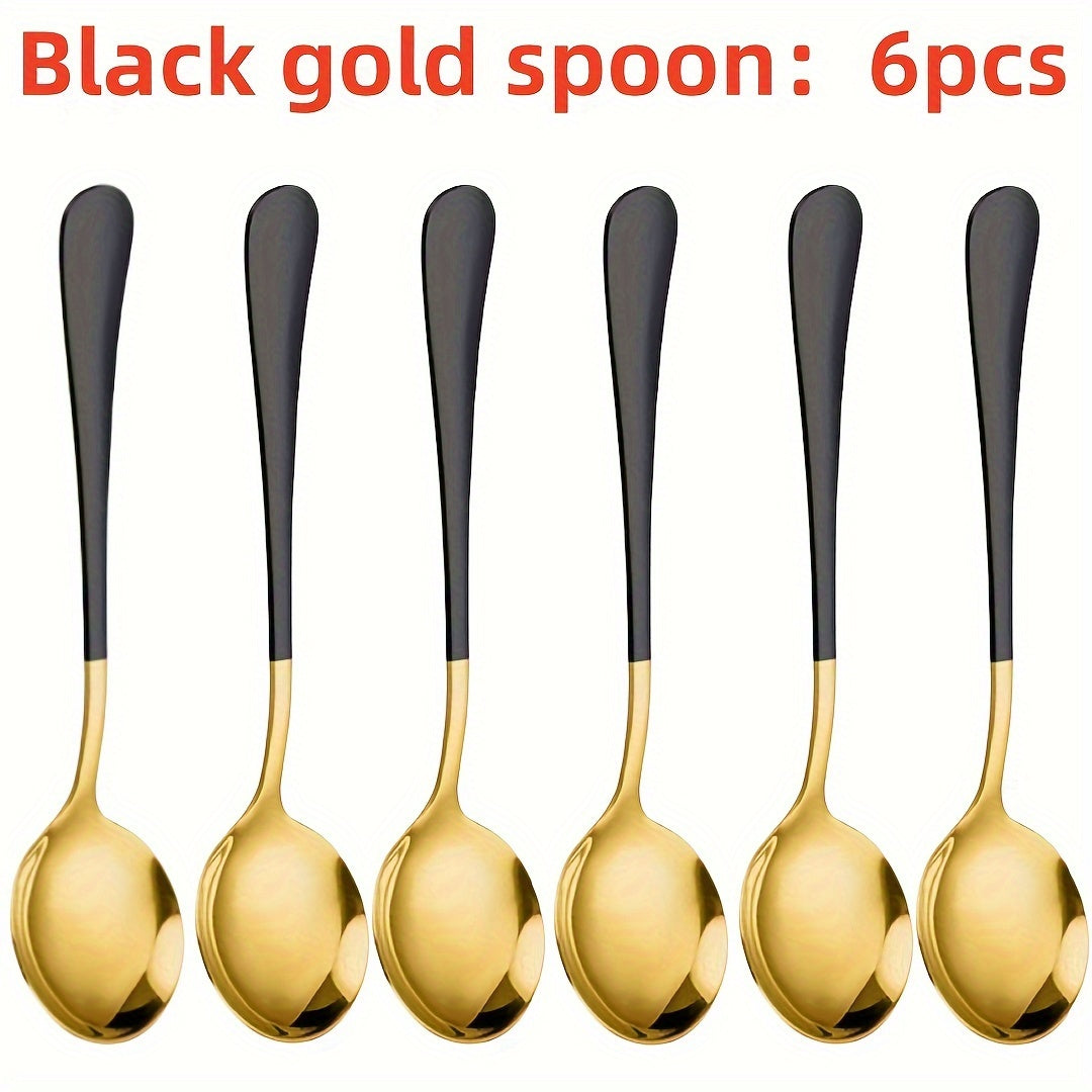 Set of 6 Long-Handled Stainless Steel Spoons for Coffee and Desserts in Multiple Colors