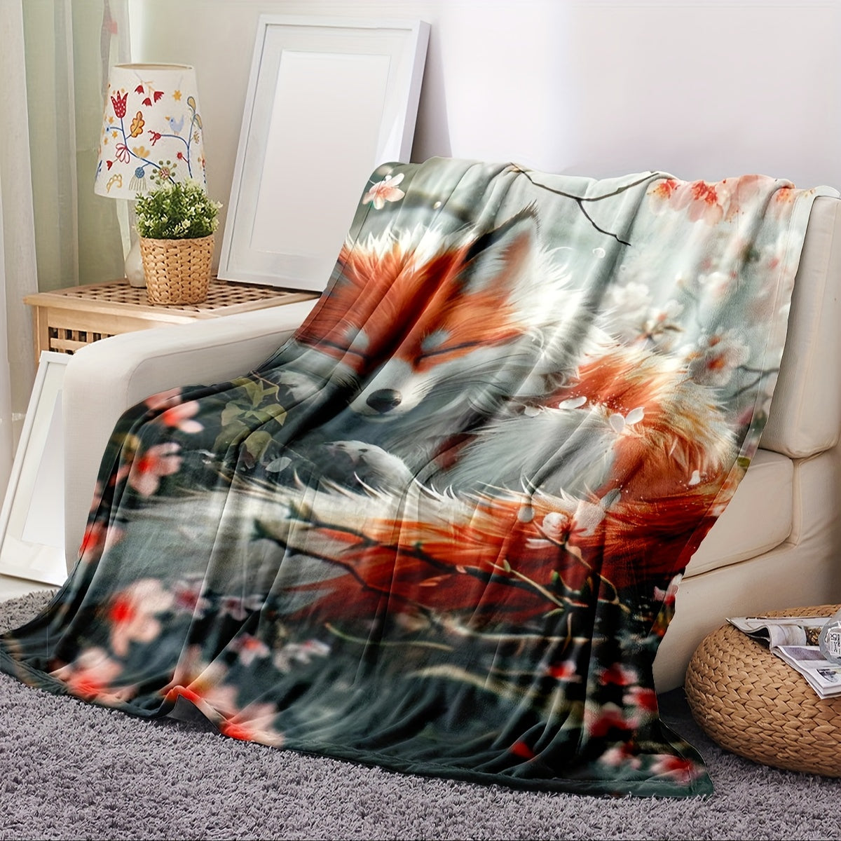 Soft Fox Print Flannel Throw Blanket Hypoallergenic All-Season Couch Bed Travel