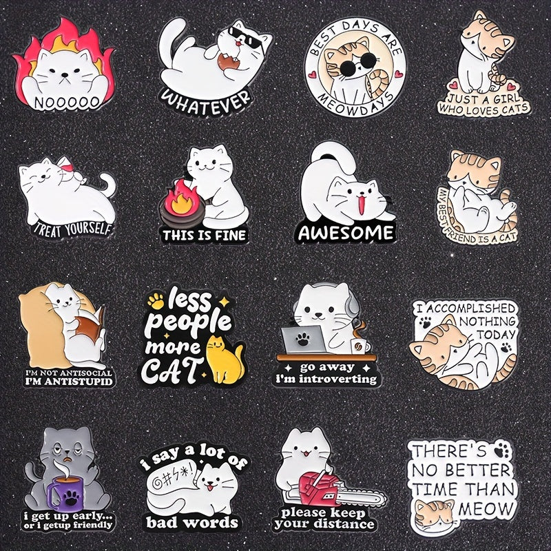 Set of 16 Playful Cat Enamel Brooches Cartoon Animal Lapel Pins for Clothing and Accessories