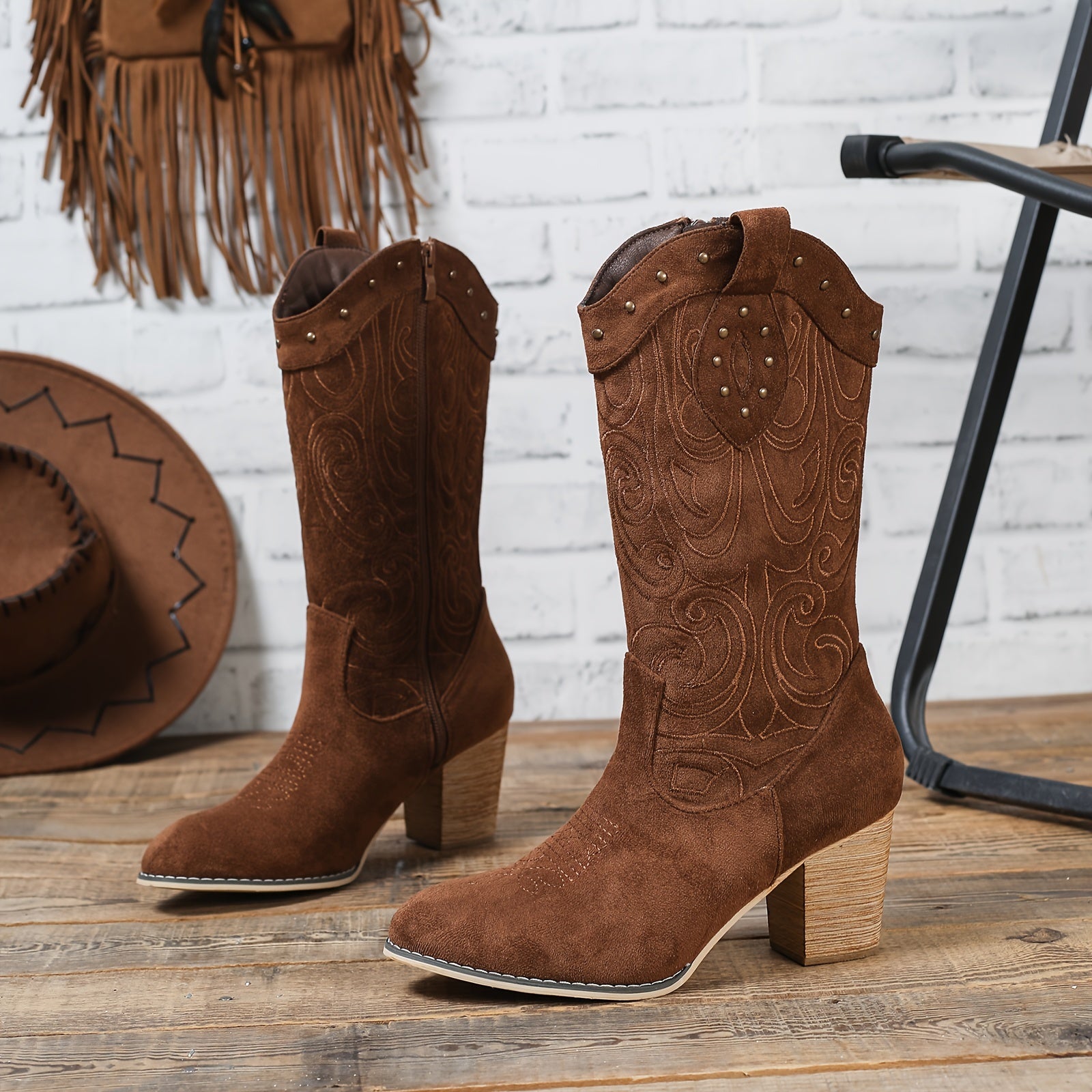 Women's Mid-Calf Leather Boots With Chunky Heel and Side Zipper