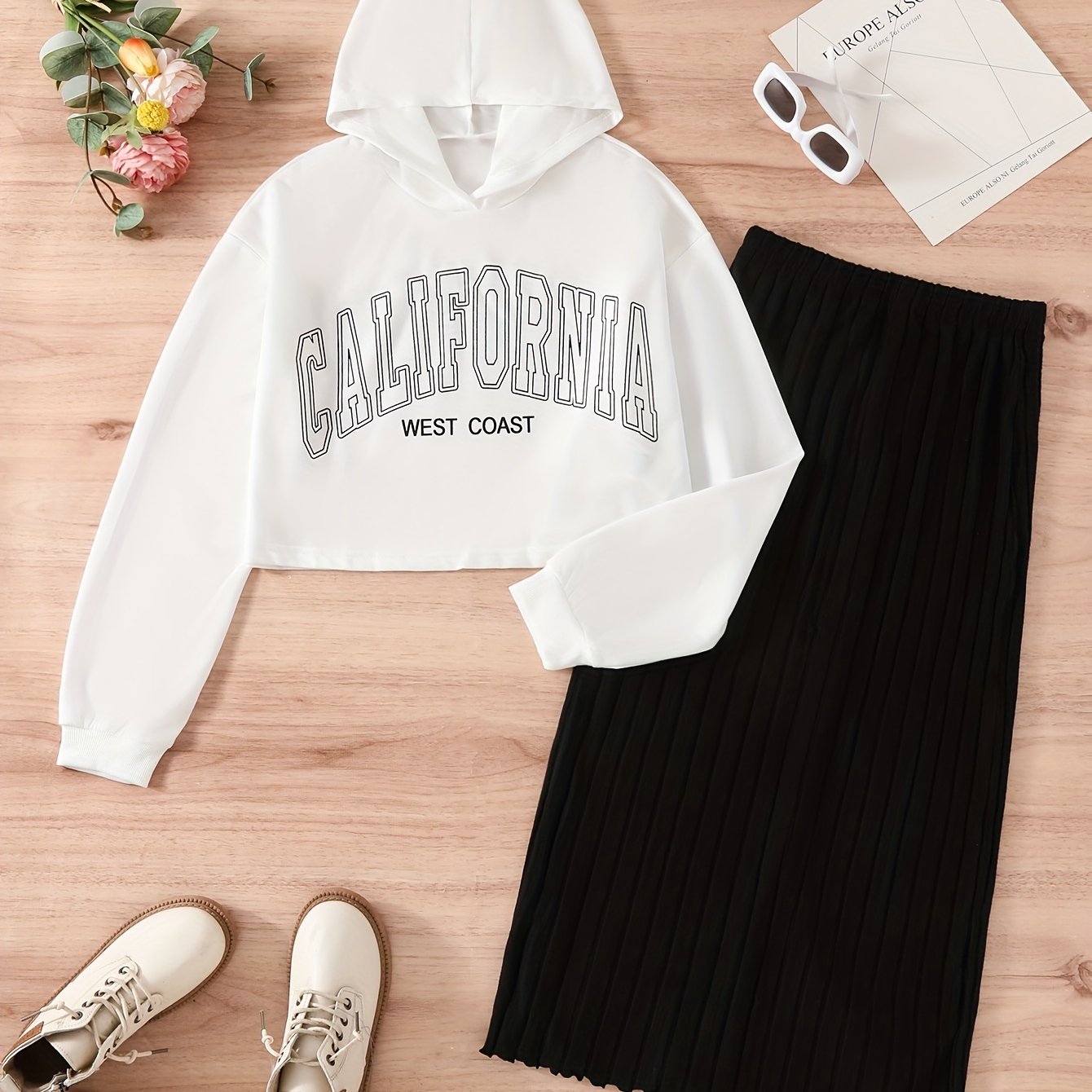 Teen Girls Fall Winter Knit Skirt and Coat Set with Geometric Pattern