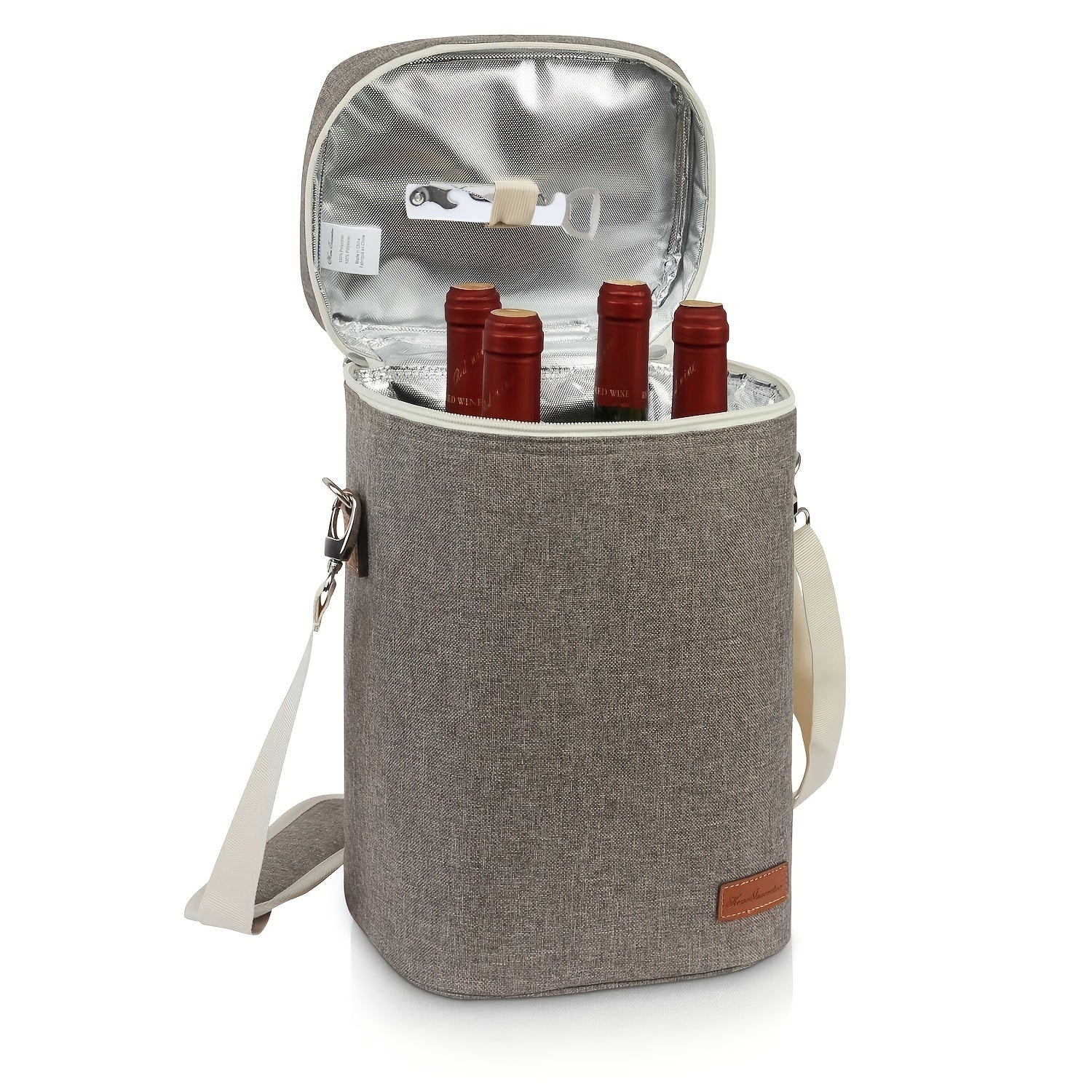 Insulated Wax Canvas Wine Tote Bag Holds 4 Bottles with Wine Opener for Travel Beach Weddings